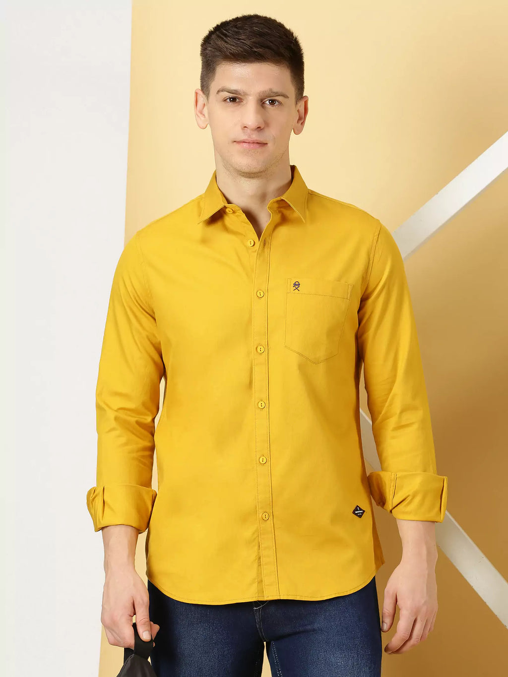 Mustard Solid Cotton Shirt For Men