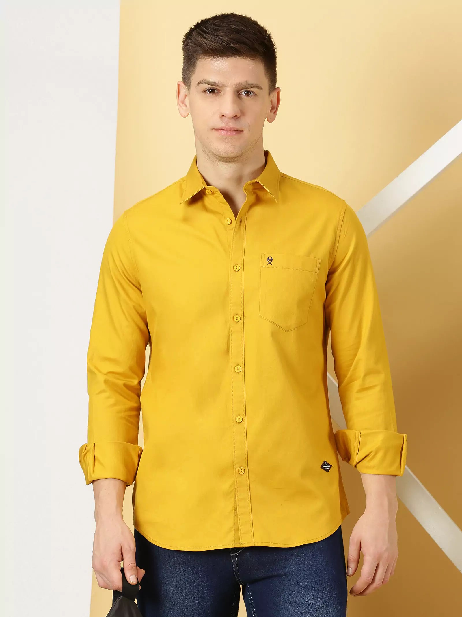 Mustard Solid Cotton Shirt For Men