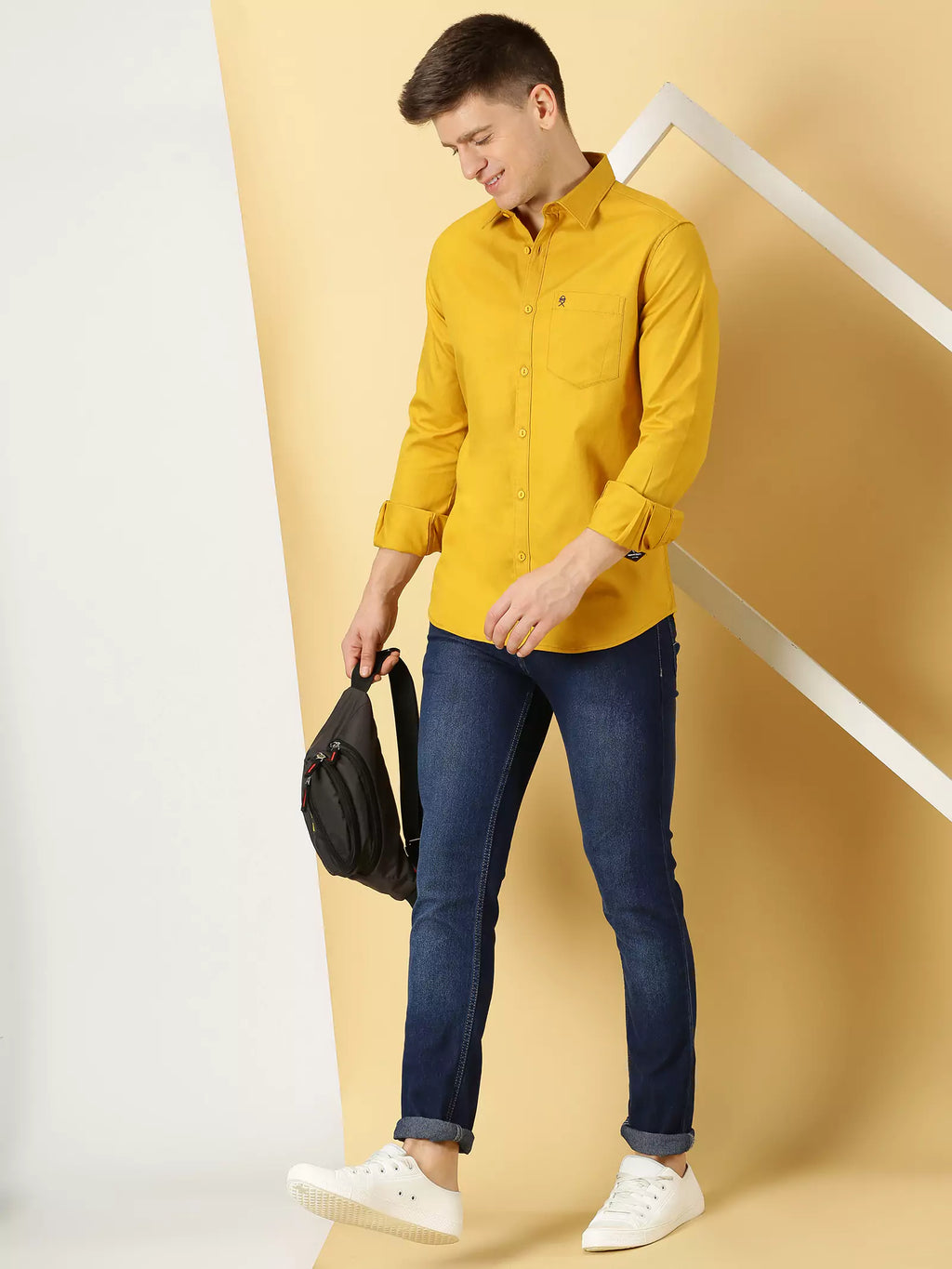Men Mustard Solid Cotton Shirt