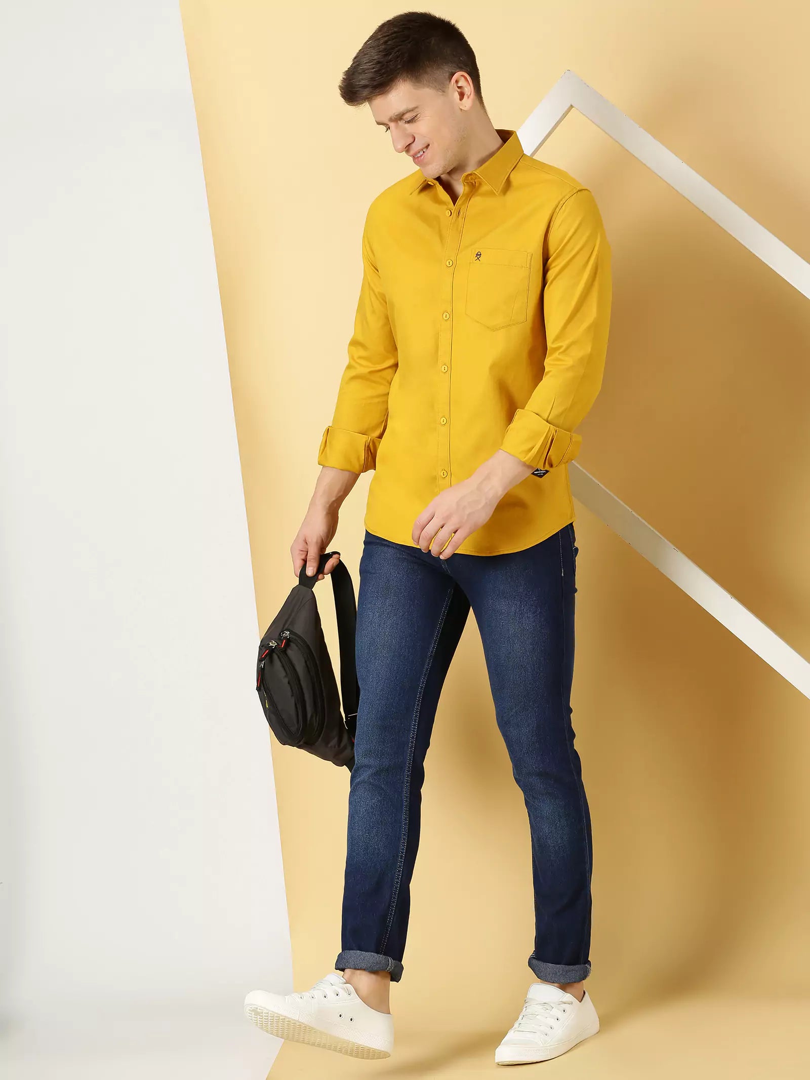 Men Mustard Solid Cotton Shirt