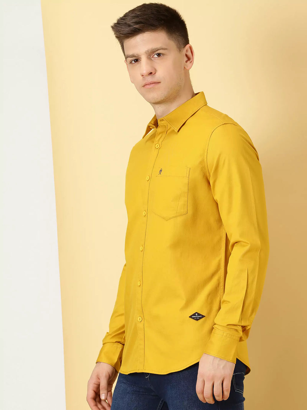 Men Mustard Solid Cotton Shirt