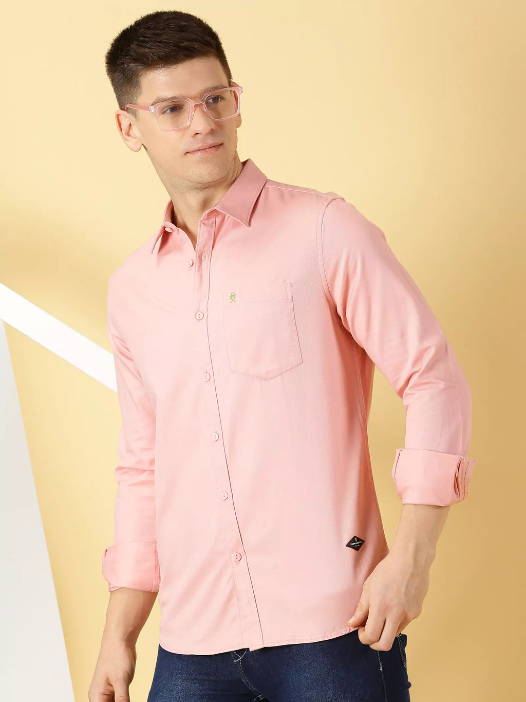 Pink Standard Slim Fit Flannel Weave Pure Cotton Casual Shirt For Men