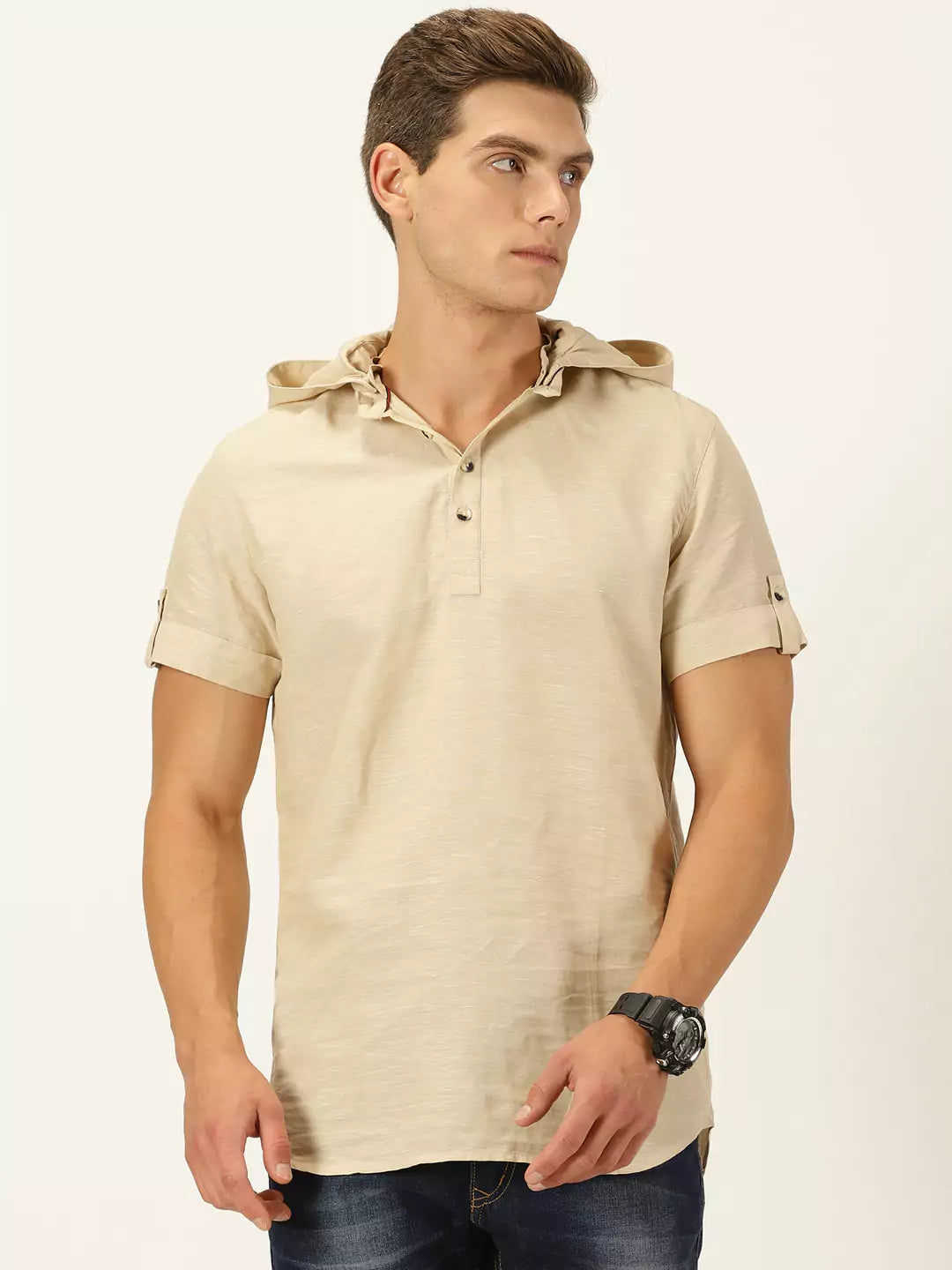 Thomas Scott Men Cotton-Linen Hooded Slim Fit Shirt