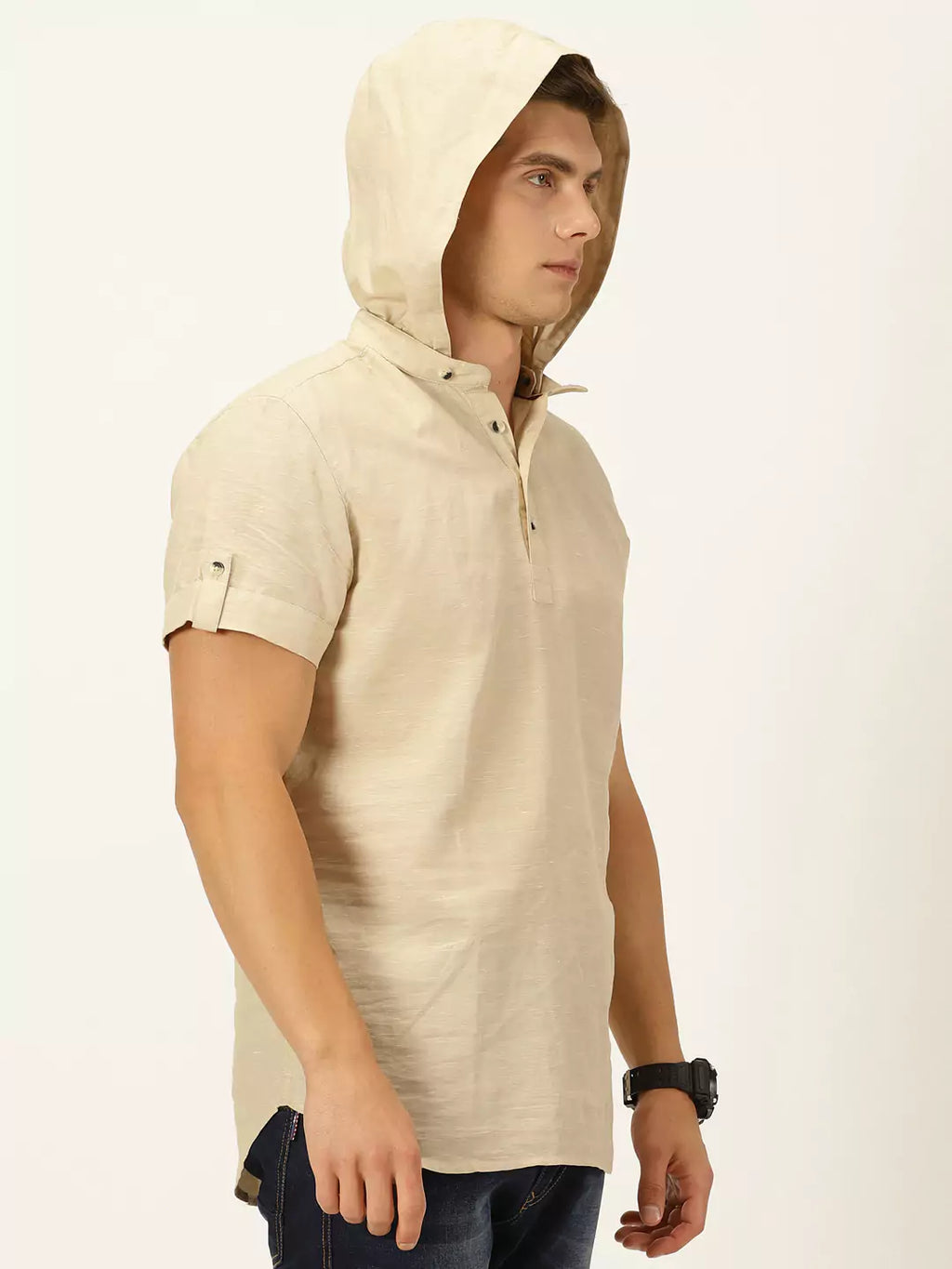 Thomas Scott Men Cotton-Linen Hooded Slim Fit Shirt