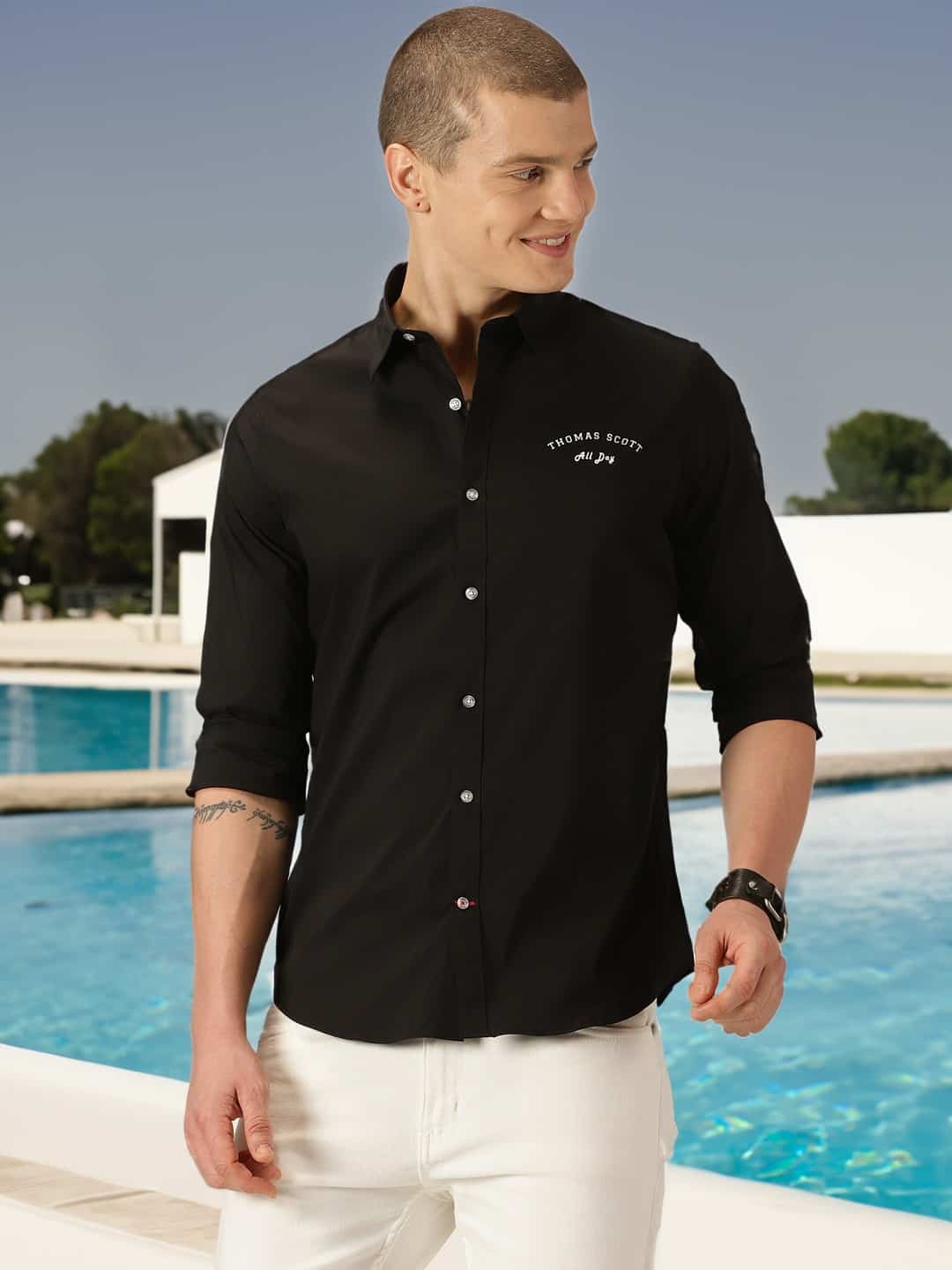 Thomas Scott Men Classic Slim Fit Spread Collar Long Sleeve Casual Shirt