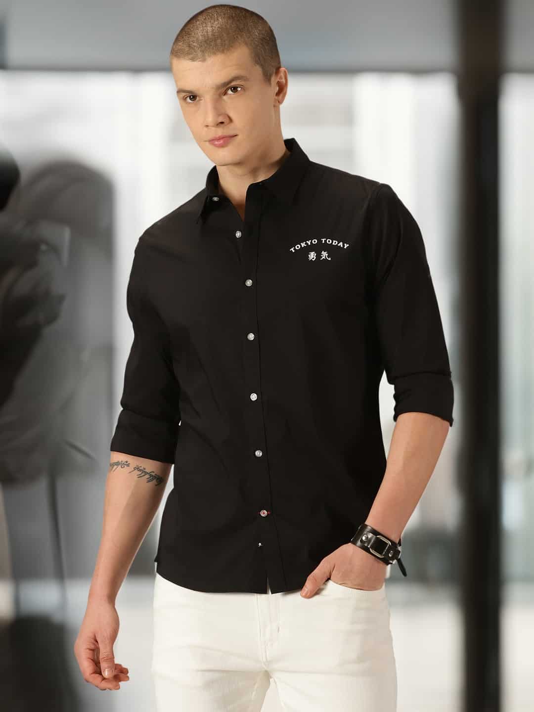 Thomas Scott Men Classic Slim Fit Spread Collar Long Sleeve Casual Shirt
