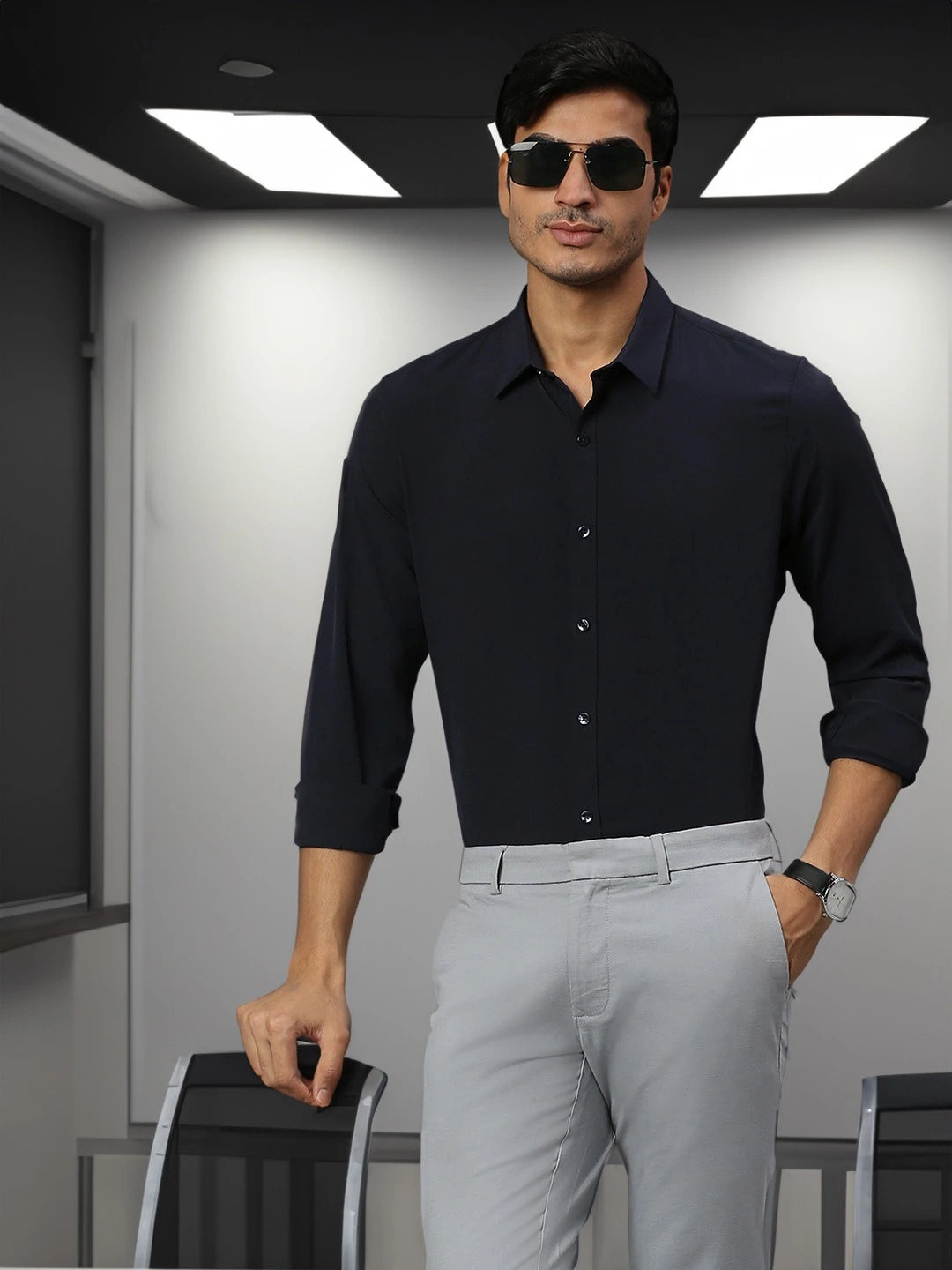 Thomas Scott Men Classic Slim Fit 4 Way Stretch Spread Collar Casual Shirt