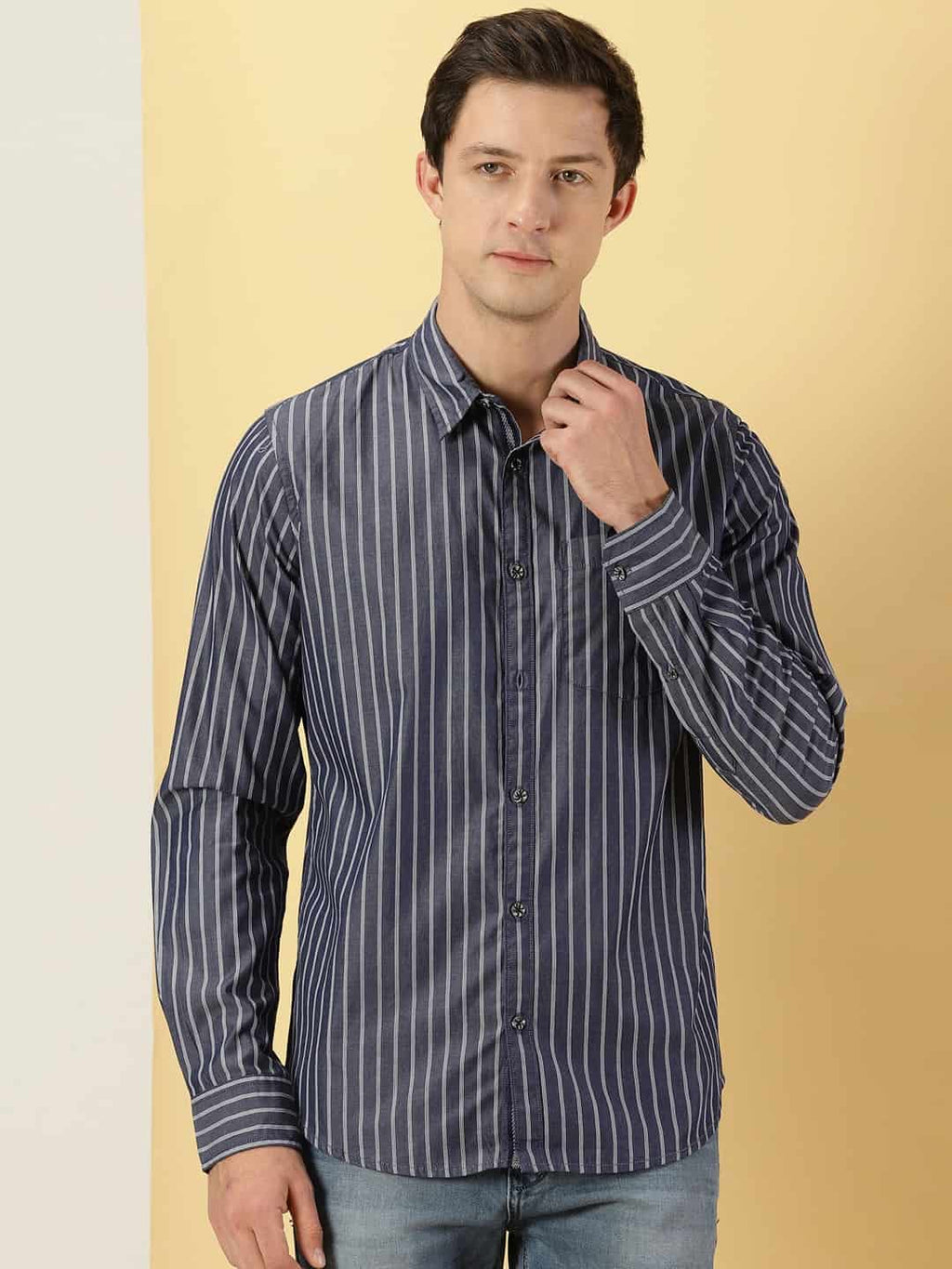 Thomas Scott Men Standard Slim Fit Vertical Striped Cotton Casual Shirt