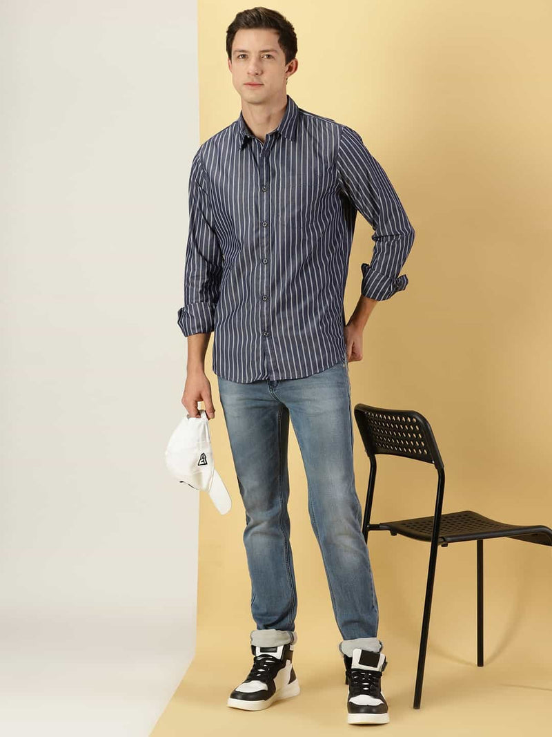 Thomas Scott Men Standard Slim Fit Vertical Striped Cotton Casual Shirt