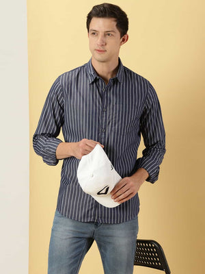 Thomas Scott Men Standard Slim Fit Vertical Striped Cotton Casual Shirt