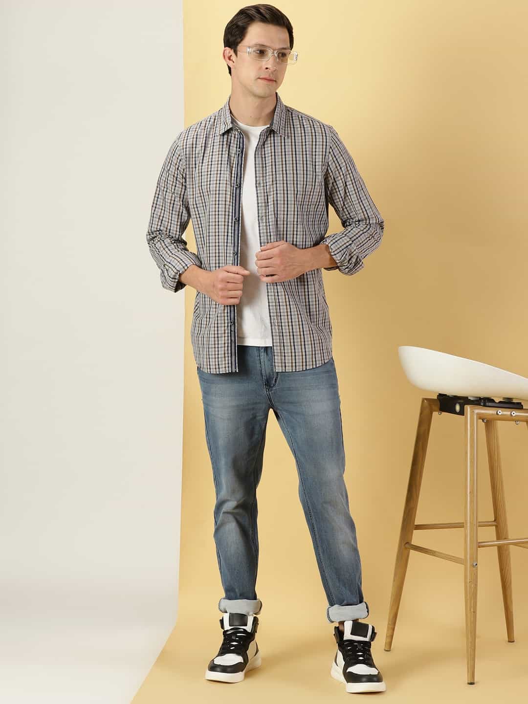 Thomas Scott Men Classic Slim Fit Tartan Checks Cotton Casual Shirt