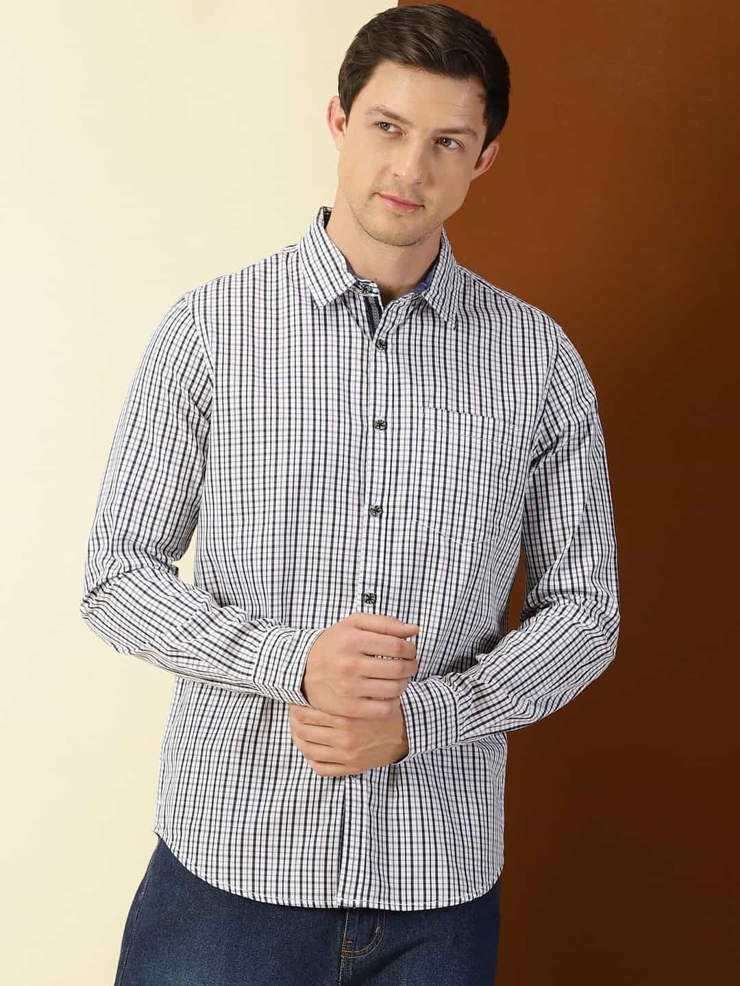Thomas Scott Men Classic Slim Fit Grid Tattersall Checks Pure Cotton Casual Shirt