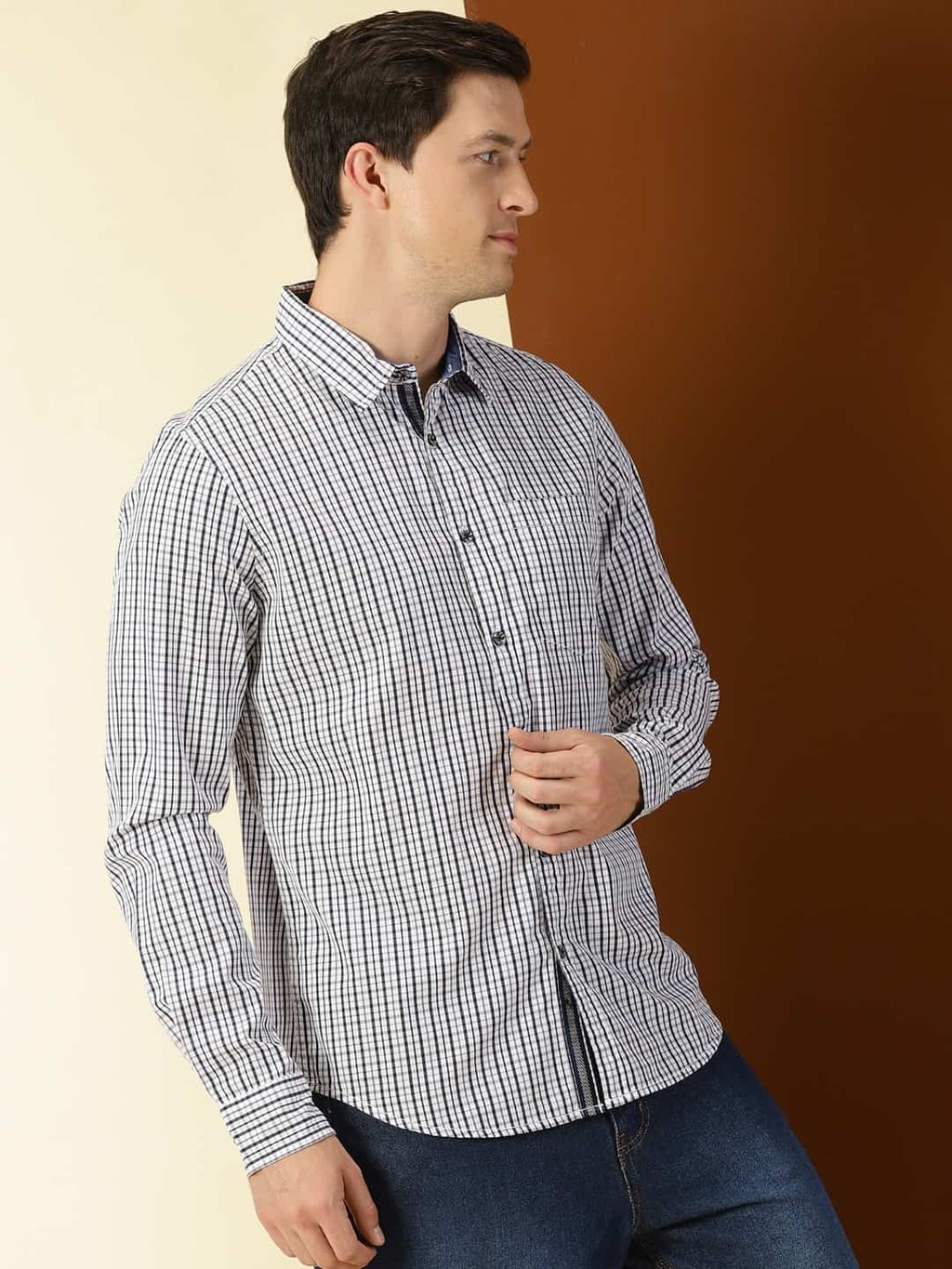 Thomas Scott Men Classic Slim Fit Grid Tattersall Checks Pure Cotton Casual Shirt