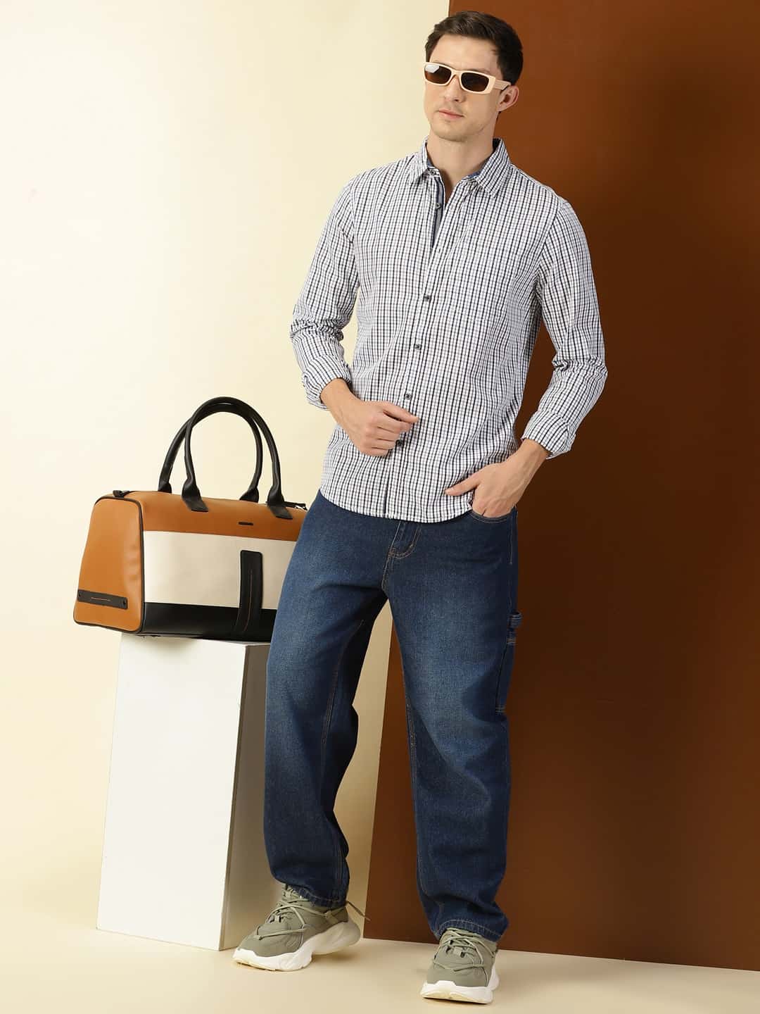 Thomas Scott Men Classic Slim Fit Grid Tattersall Checks Pure Cotton Casual Shirt