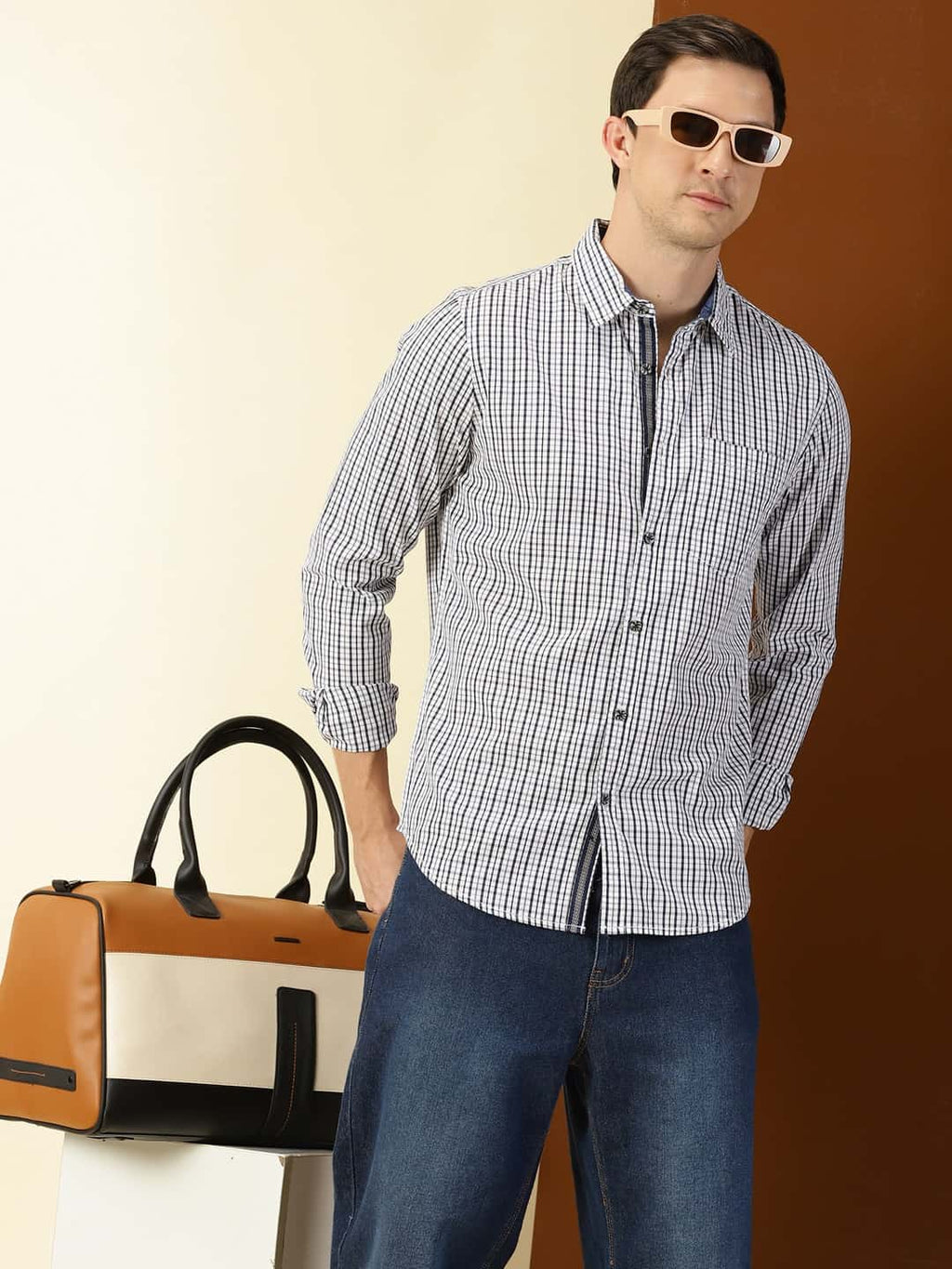 Thomas Scott Men Classic Slim Fit Grid Tattersall Checks Pure Cotton Casual Shirt