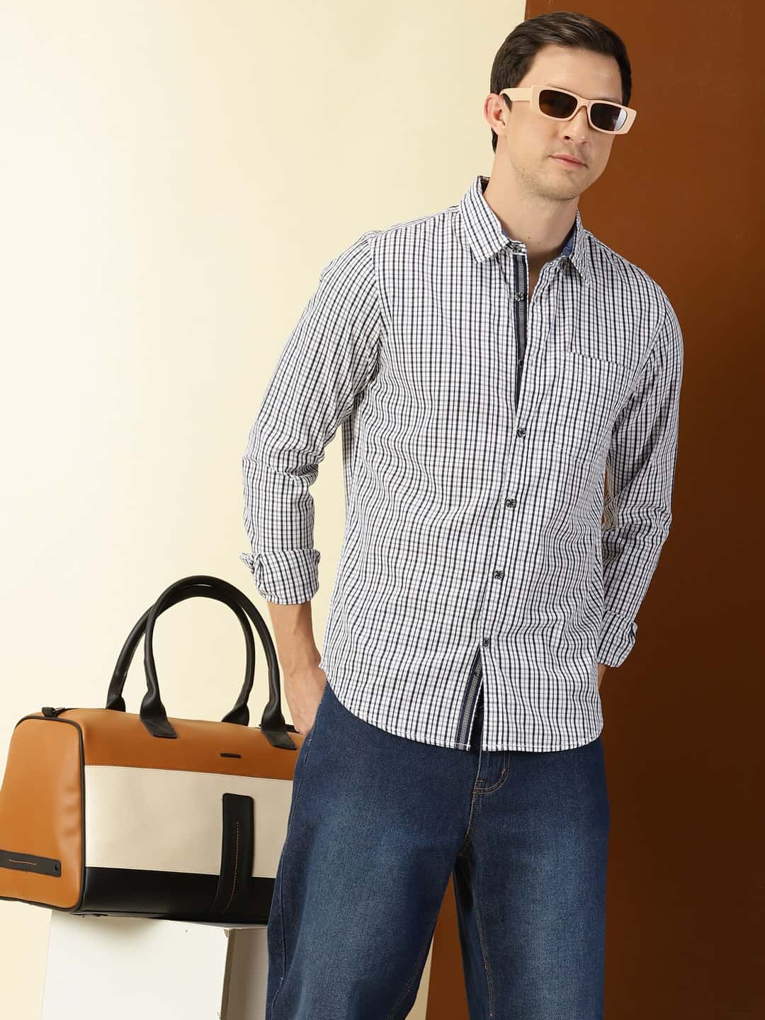 Thomas Scott Men Classic Slim Fit Grid Tattersall Checks Pure Cotton Casual Shirt