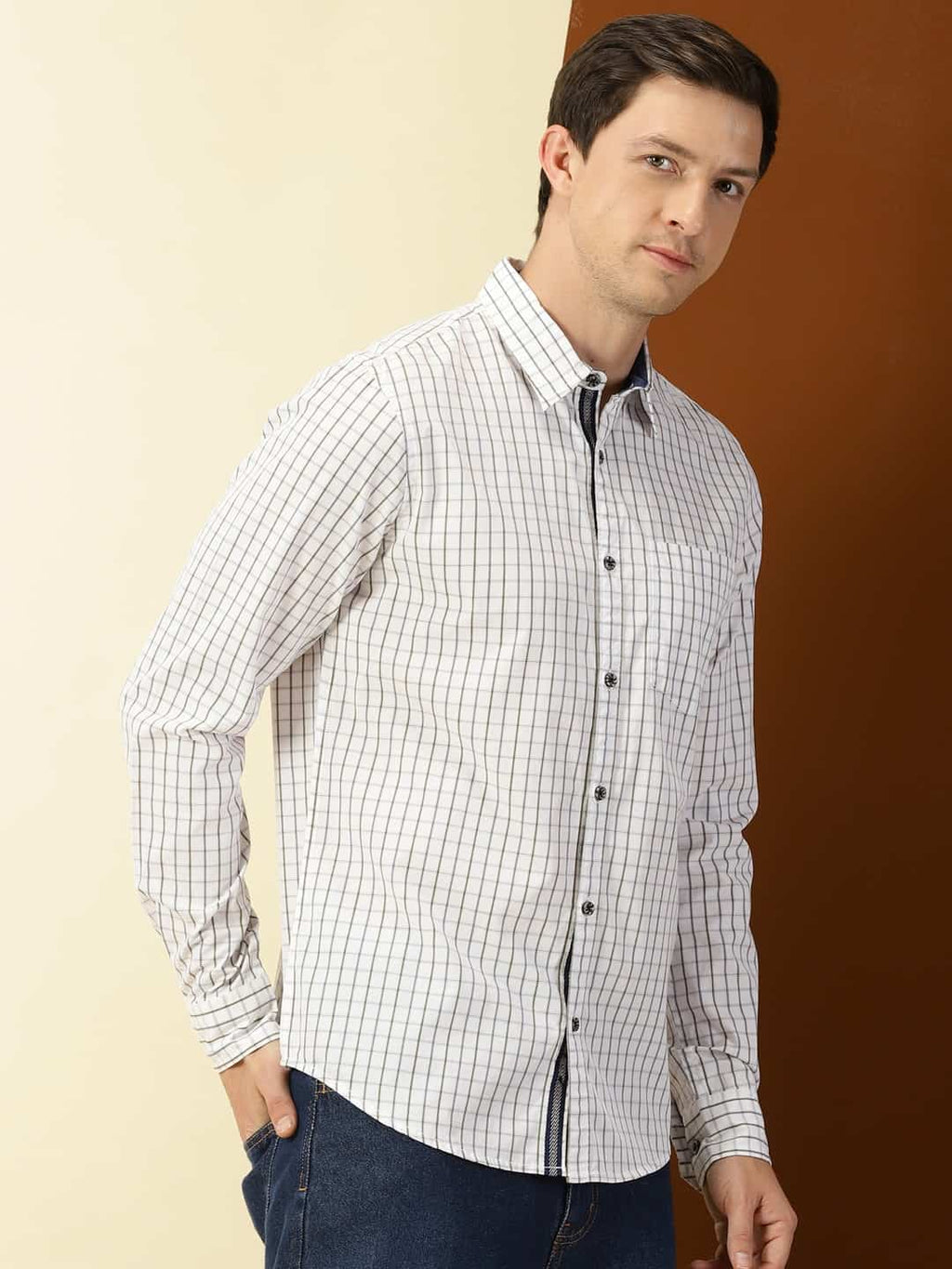 Thomas Scott Men Classic Slim Fit Windowpane Checks Pure Cotton Casual Shirt