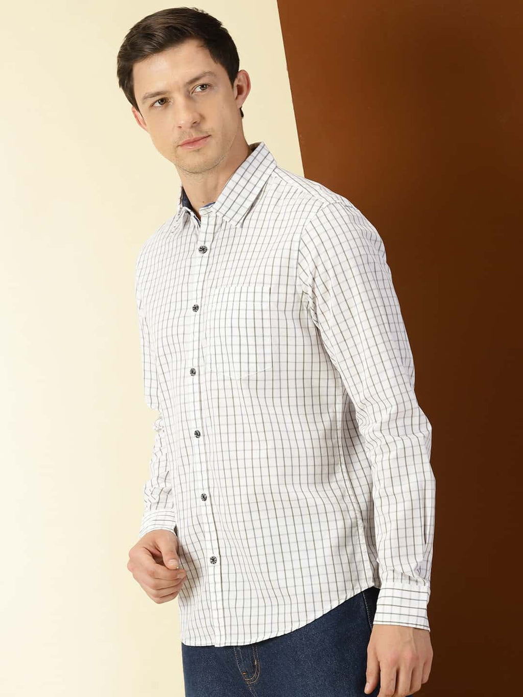Thomas Scott Men Classic Slim Fit Windowpane Checks Pure Cotton Casual Shirt