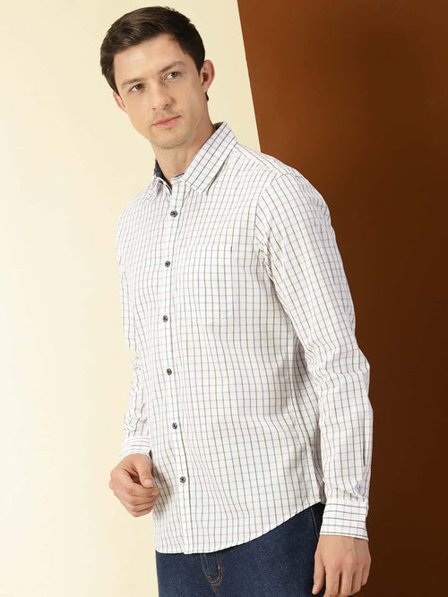 Thomas Scott Men Classic Slim Fit Windowpane Checks Pure Cotton Casual Shirt
