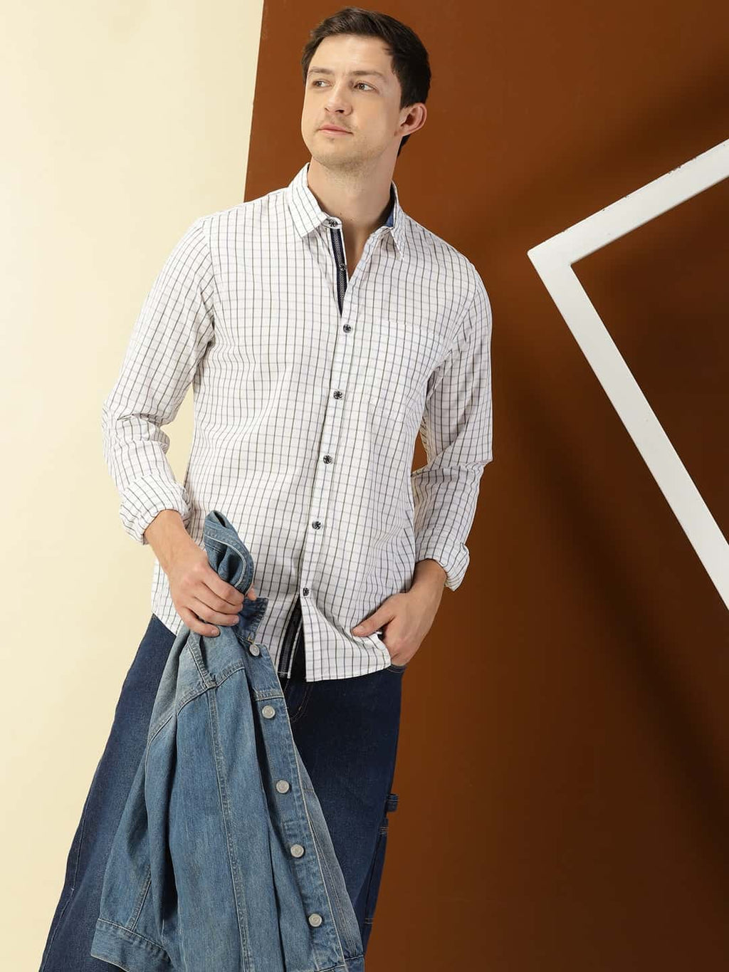 Thomas Scott Men Classic Slim Fit Windowpane Checks Pure Cotton Casual Shirt