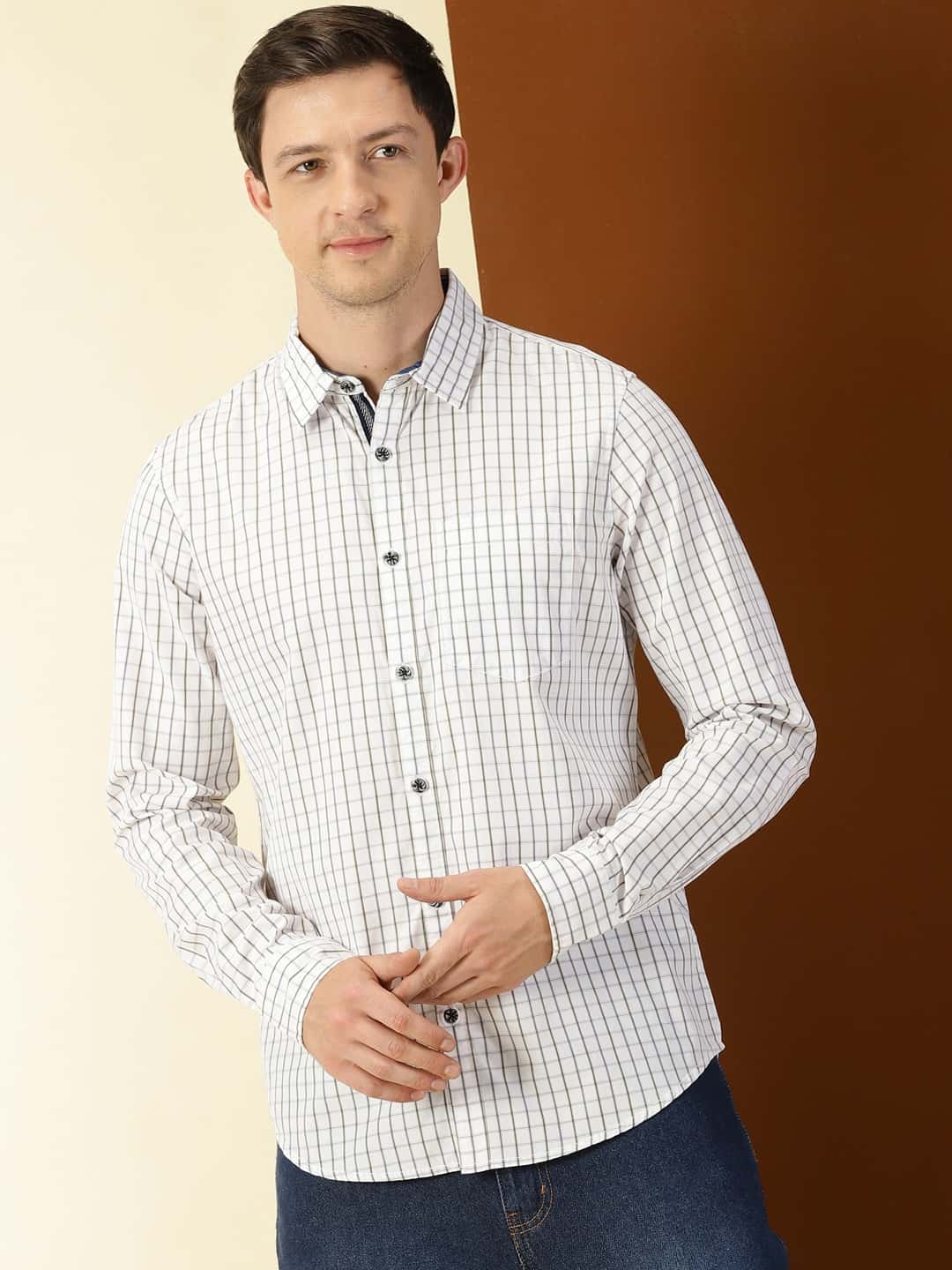 Thomas Scott Men Classic Slim Fit Windowpane Checks Pure Cotton Casual Shirt