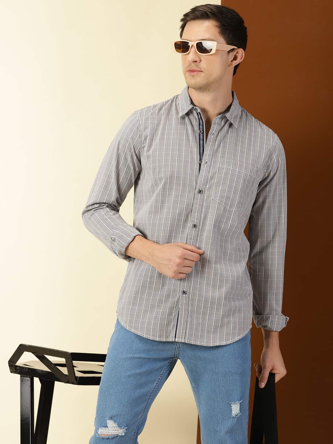 Thomas Scott Men Classic Slim Fit Tartan Checks Pure Cotton Casual Shirt