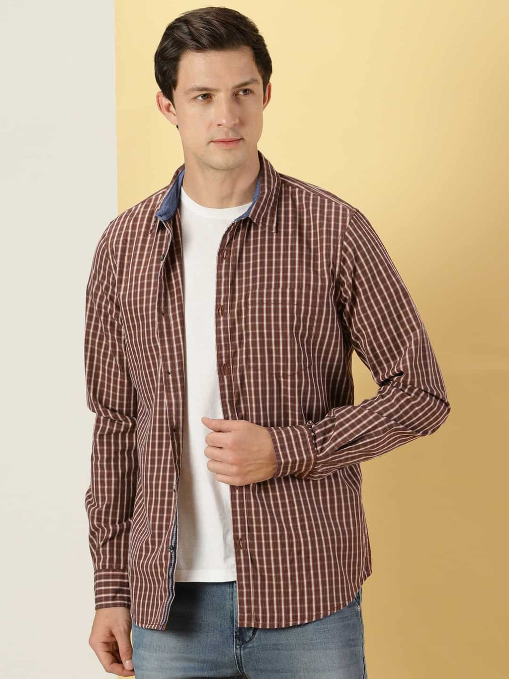 Thomas Scott Men Classic Slim Fit Windowpane Checked Pure Cotton Shirt