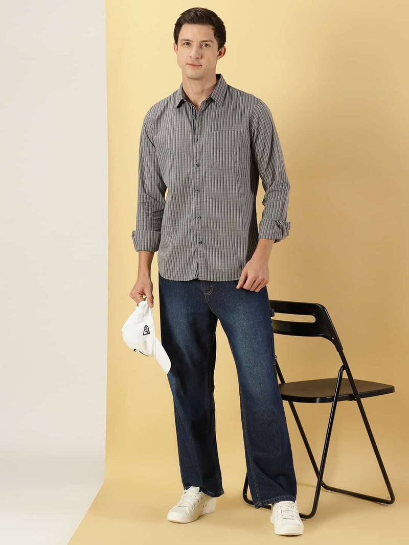 Thomas Scott Men Classic Slim Fit Vertical Striped Pure Cotton Casual Shirt