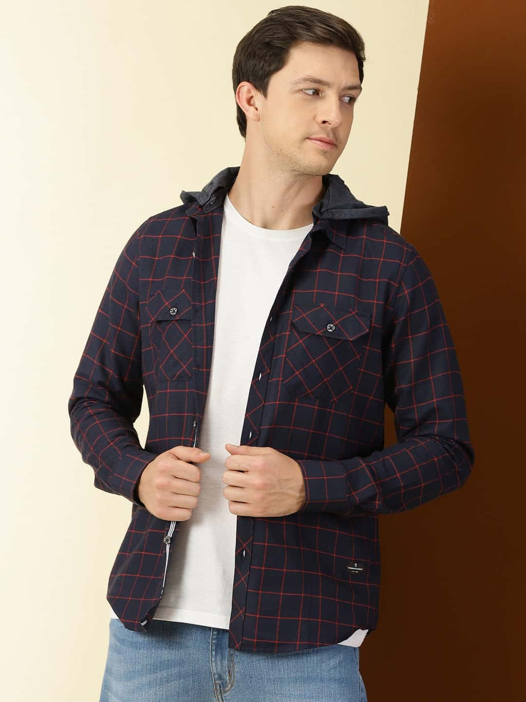 Thomas Scott Men Classic Slim Fit Tartan Opaque Checked Hooded Flannel Casual Shirt