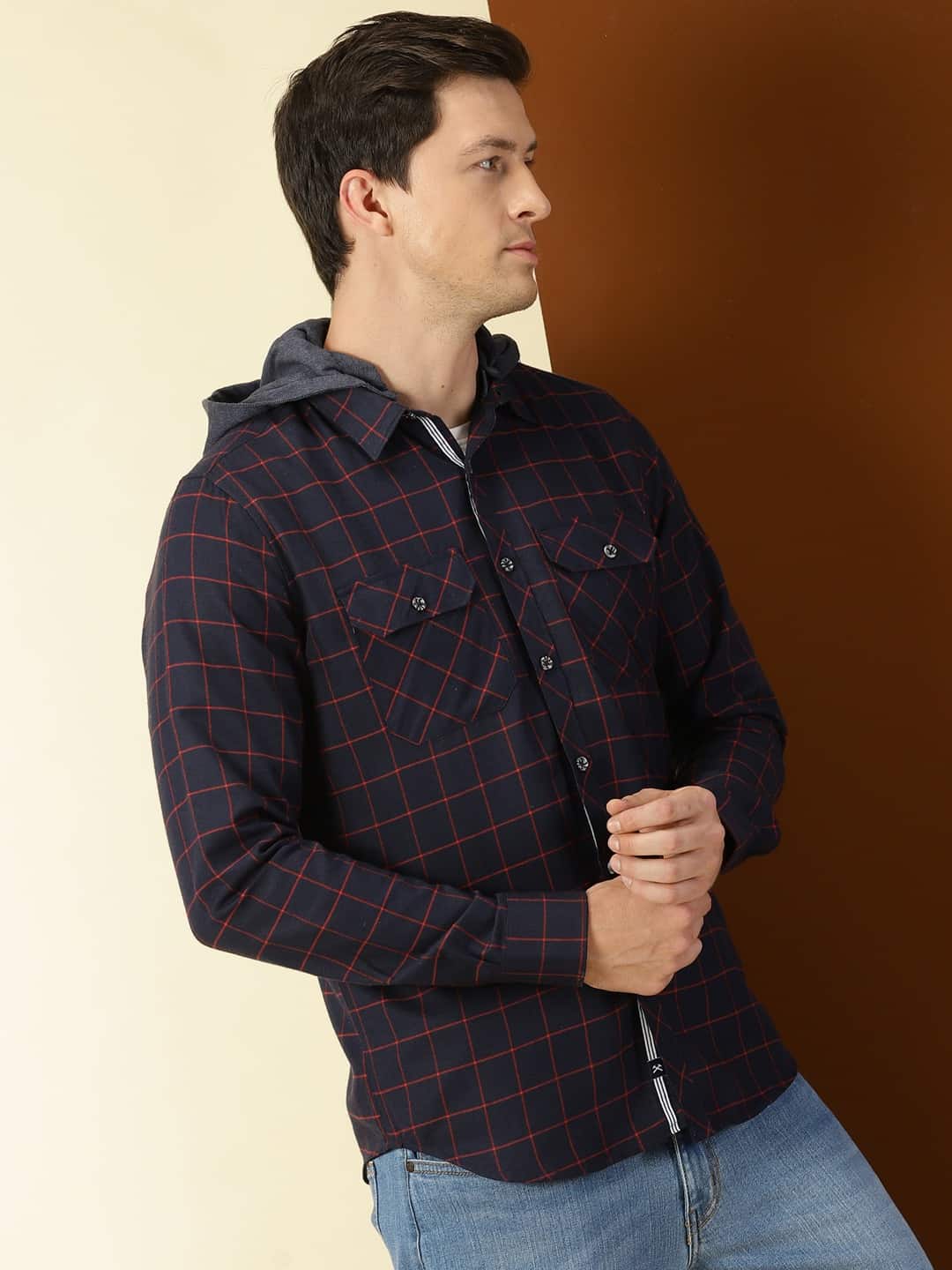 Thomas Scott Men Classic Slim Fit Tartan Opaque Checked Hooded Flannel Casual Shirt