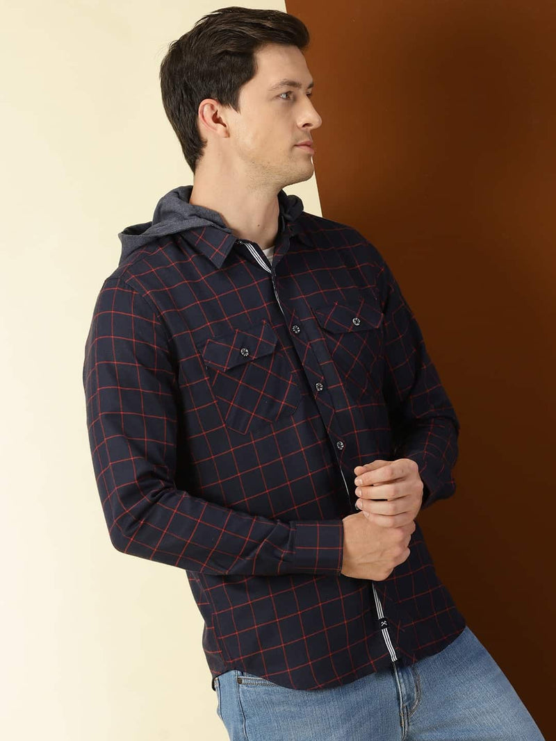 Thomas Scott Men Classic Slim Fit Tartan Opaque Checked Hooded Flannel Casual Shirt