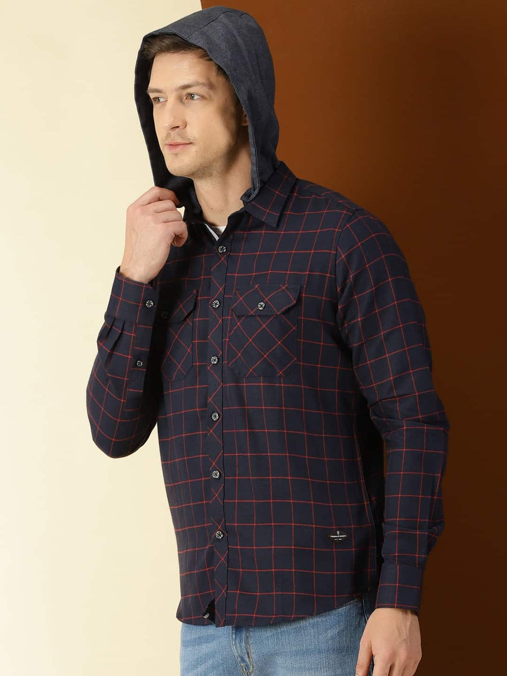 Thomas Scott Men Classic Slim Fit Tartan Opaque Checked Hooded Flannel Casual Shirt