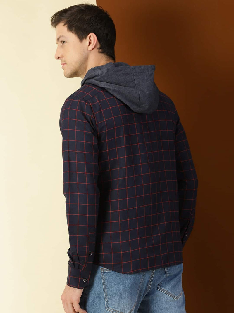 Thomas Scott Men Classic Slim Fit Tartan Opaque Checked Hooded Flannel Casual Shirt