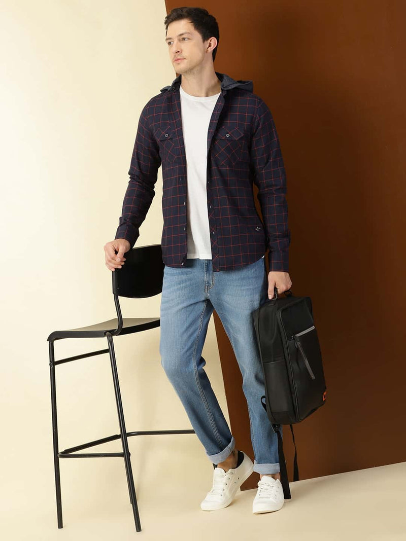 Thomas Scott Men Classic Slim Fit Tartan Opaque Checked Hooded Flannel Casual Shirt