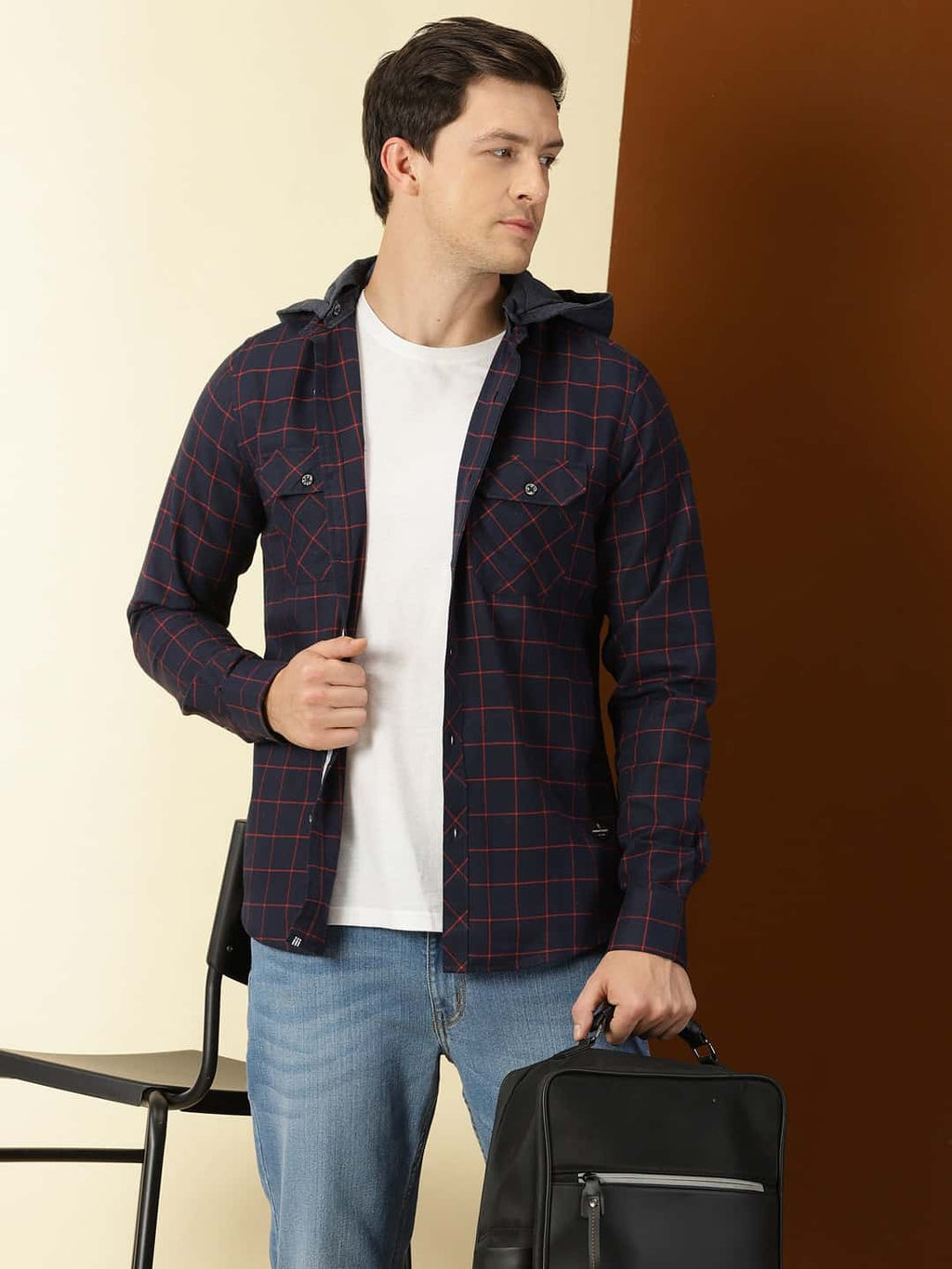 Thomas Scott Men Classic Slim Fit Tartan Opaque Checked Hooded Flannel Casual Shirt