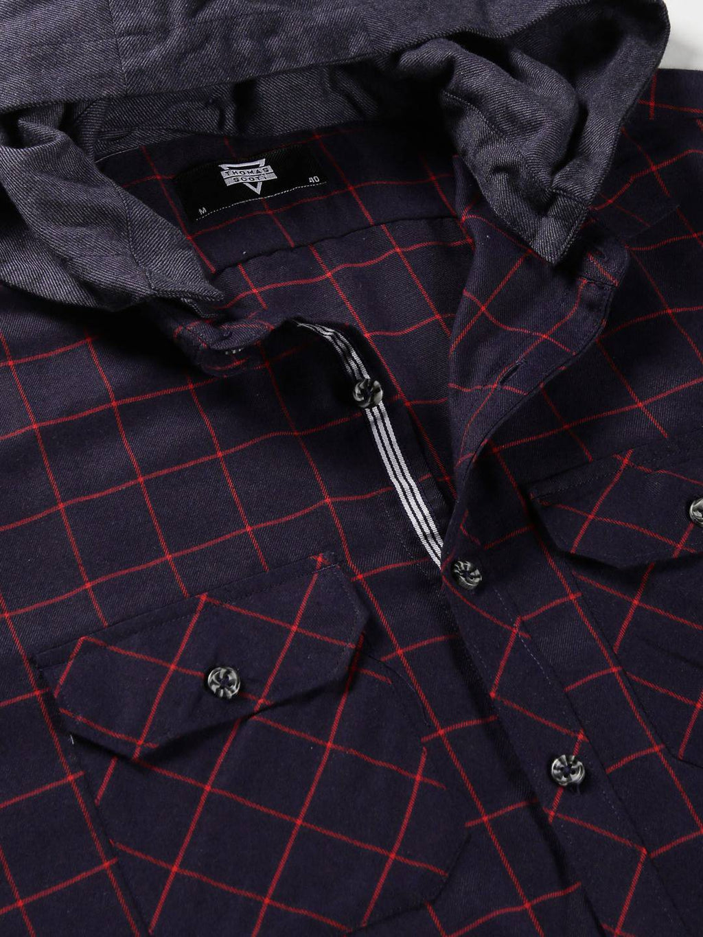 Thomas Scott Men Classic Slim Fit Tartan Opaque Checked Hooded Flannel Casual Shirt