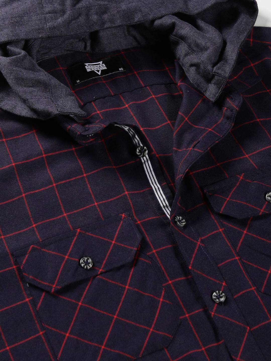 Thomas Scott Men Classic Slim Fit Tartan Opaque Checked Hooded Flannel Casual Shirt