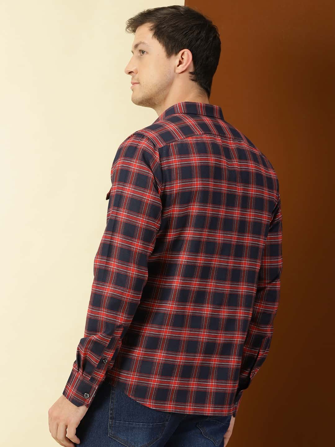 Thomas Scott Men Classic Hood Collar Buffalo Flannel Checked Casual Shirt