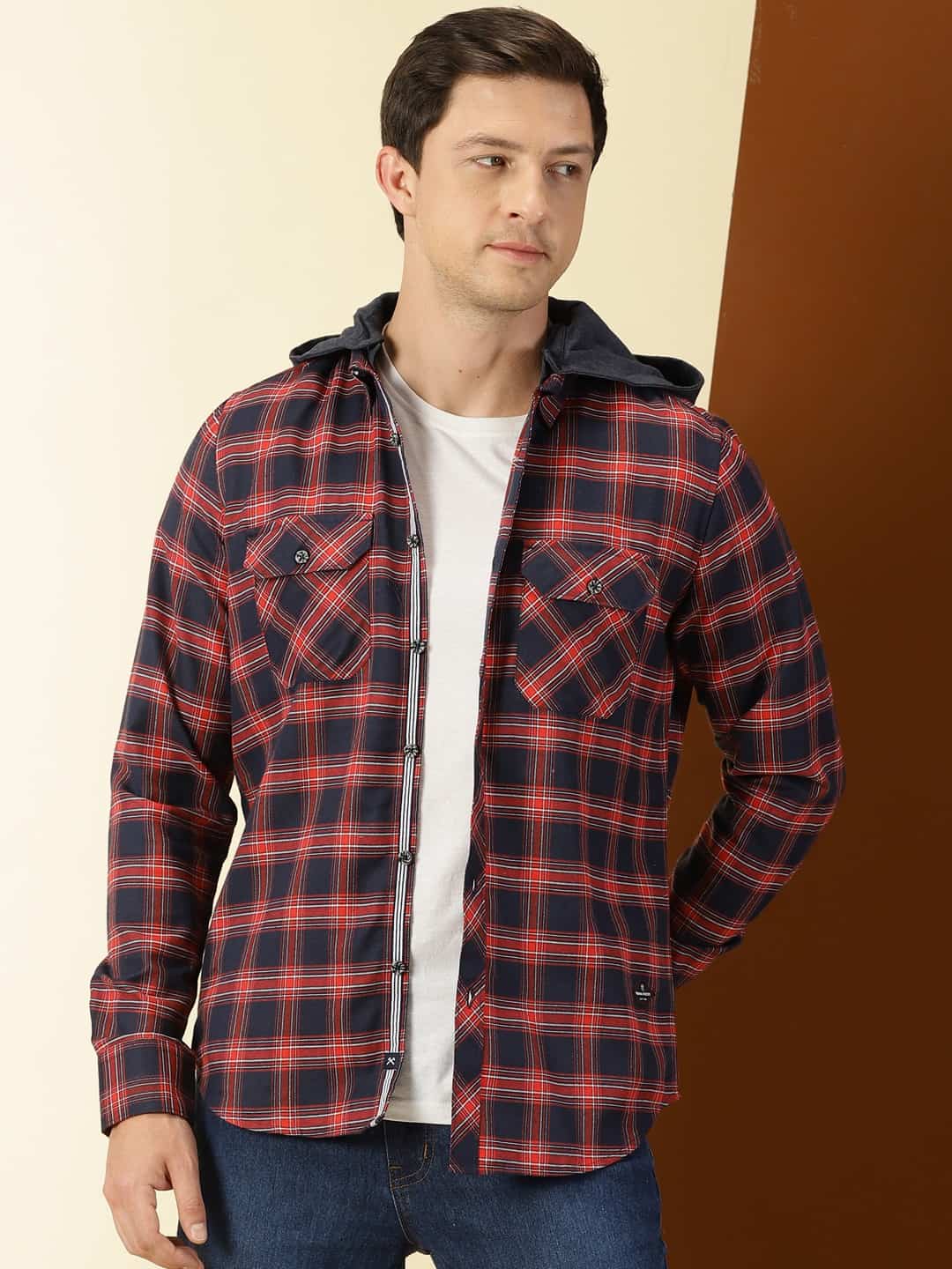 Thomas Scott Men Classic Hood Collar Buffalo Flannel Checked Casual Shirt