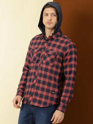 Thomas Scott Men Classic Hood Collar Buffalo Flannel Checked Casual Shirt