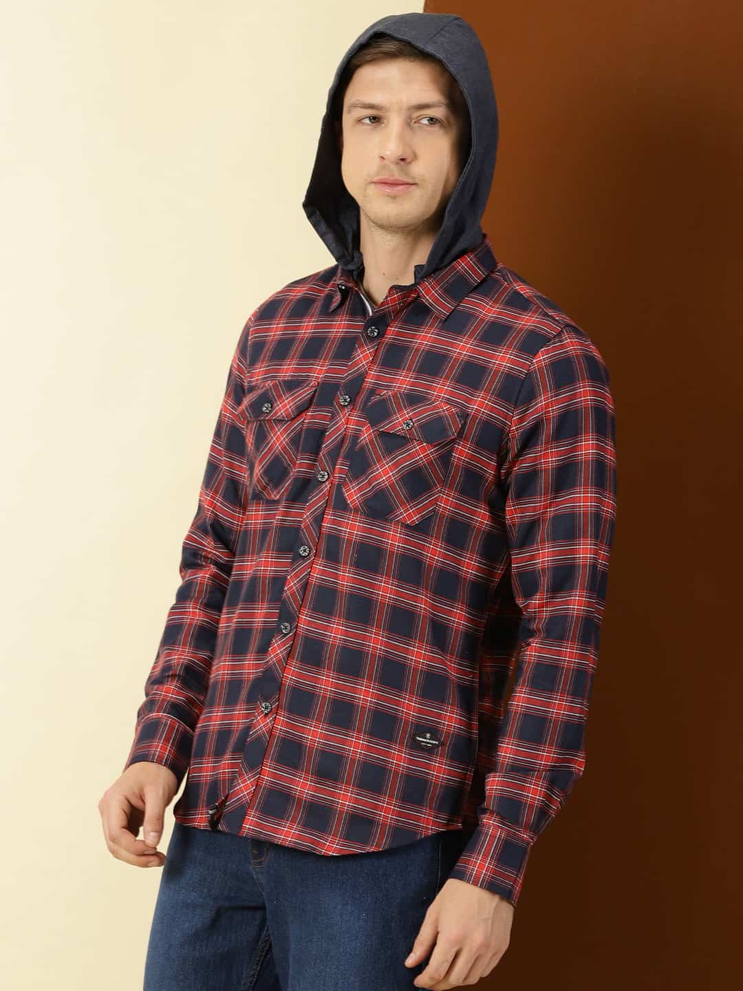 Thomas Scott Men Classic Hood Collar Buffalo Flannel Checked Casual Shirt