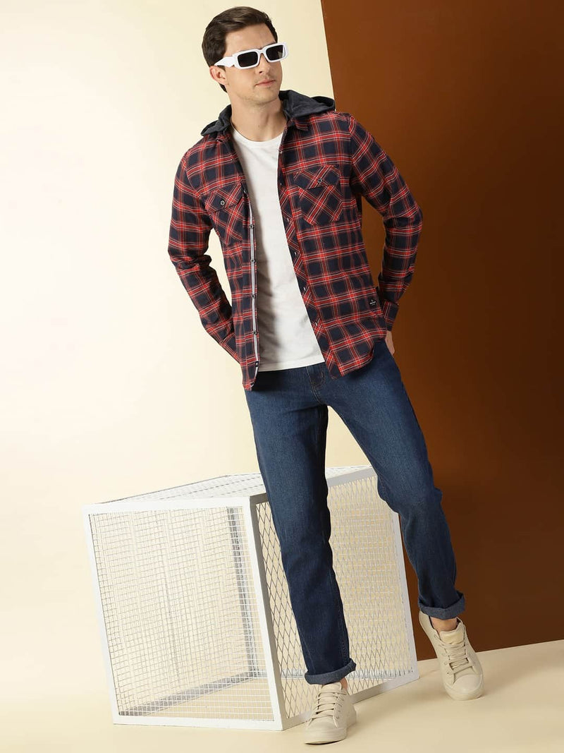 Thomas Scott Men Classic Hood Collar Buffalo Flannel Checked Casual Shirt