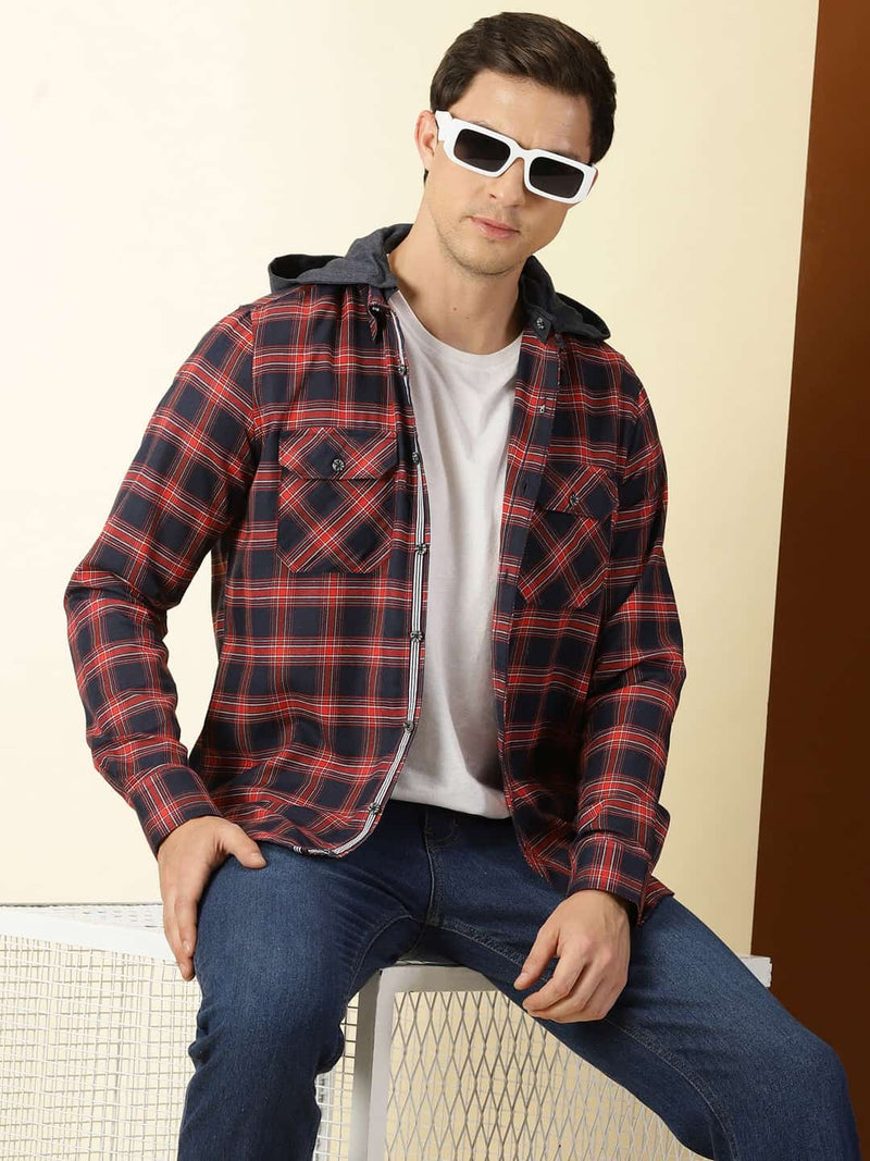Thomas Scott Men Classic Hood Collar Buffalo Flannel Checked Casual Shirt
