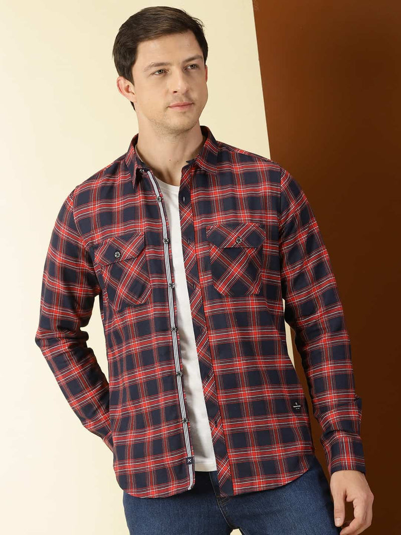 Thomas Scott Men Classic Hood Collar Buffalo Flannel Checked Casual Shirt
