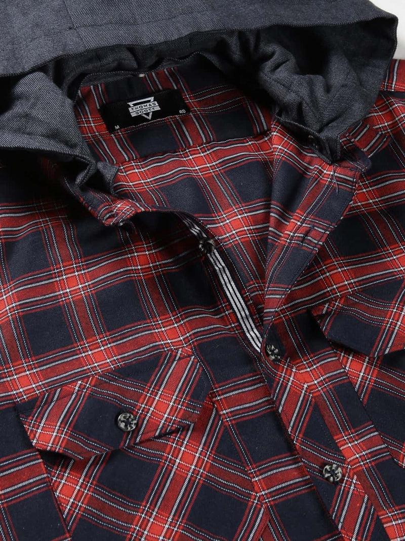 Thomas Scott Men Classic Hood Collar Buffalo Flannel Checked Casual Shirt