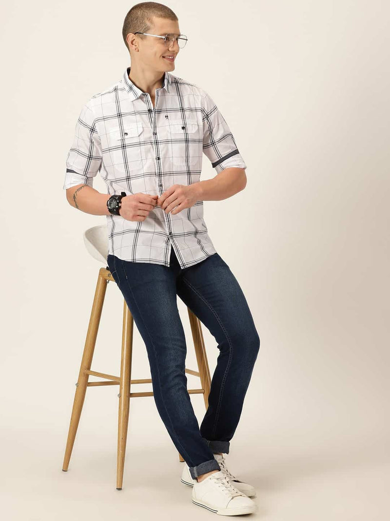 Thomas Scott Men Smart Slim Fit Windowpane Checked Cotton Casual Shirt