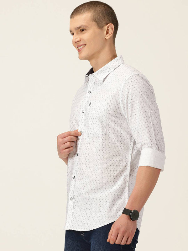 White Smart Slim Fit Opaque Printed Pure Cotton Casual Shirt For Men