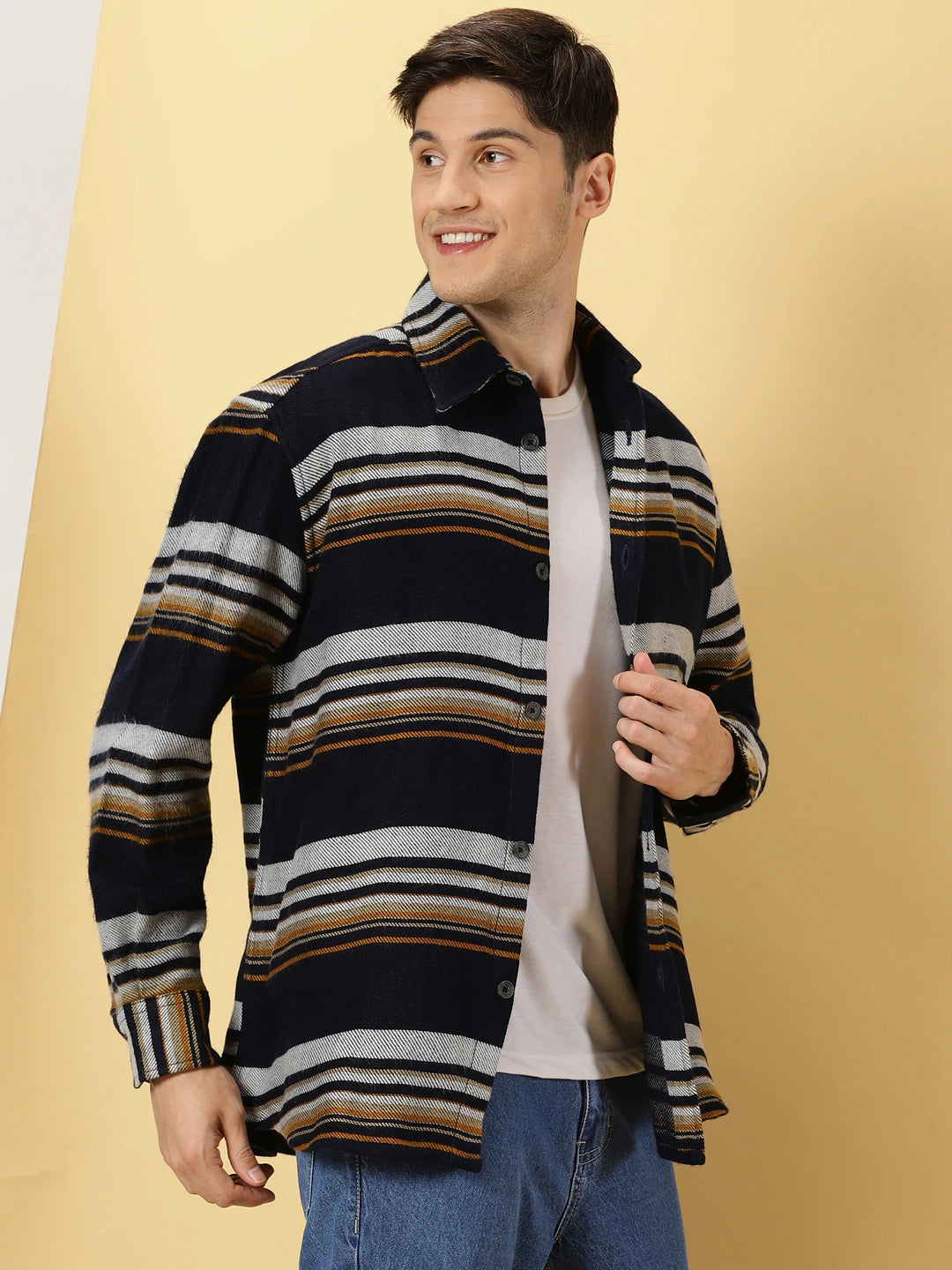 Navy Standard Striped Oversized Cotton Casual Shacket For Men