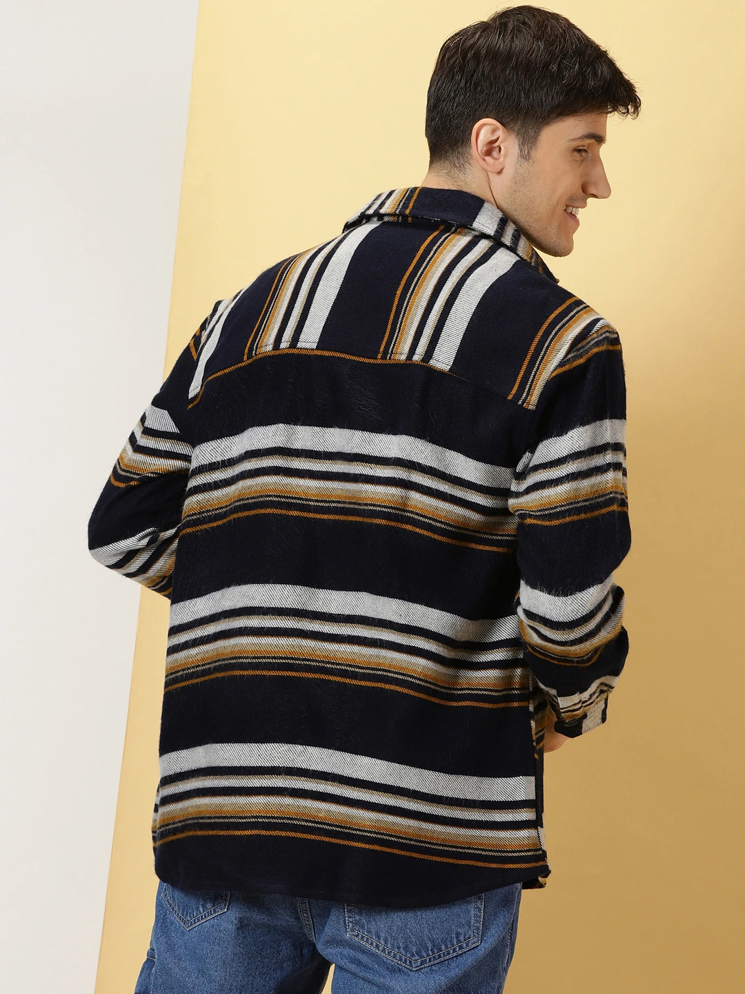 Navy Standard Striped Oversized Cotton Casual Shacket For Men