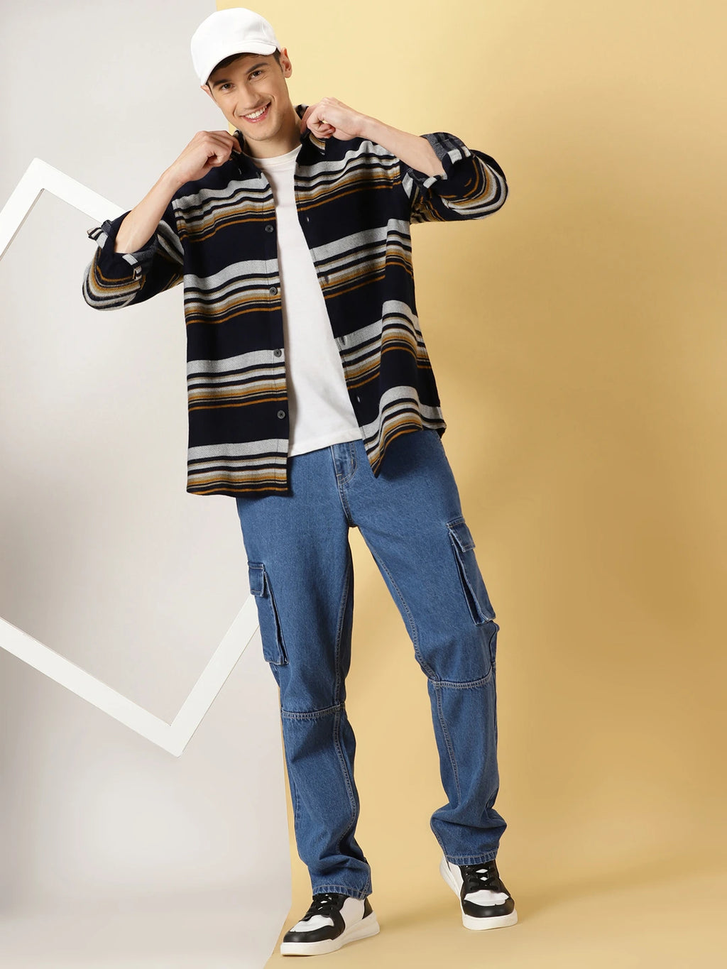 Navy Standard Striped Oversized Cotton Casual Shacket For Men